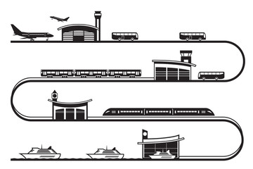 Travel among different transport stations - vector illustration