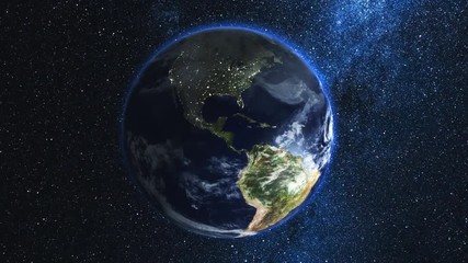Wall Mural - space view on planet earth and sun star rotating on axis in black universe. seamless loop with day a