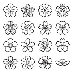 Wall Mural - Sakura icons. Collection of 16 linear Japanese cherry blossom symbols isolated on a white background. Editable stroke. Vector illustration