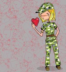 Girl in love with heart from doodle symbol background seamless. Happy valentine day woman in holiday military uniform hand drawn . Vector illustration of red texrure shape.