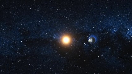 Wall Mural - space view on planet earth and sun star approach and rotating in black universe. seamless loop with 