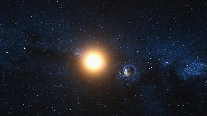 Wall Mural - space view on planet earth and sun star approach and rotating in black universe. seamless loop with 
