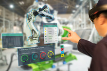Iot Industry 4.0 Concept,industrial Engineer(blurred) Using Smart Glasses With Augmented Mixed With Virtual Reality Technology To Monitoring Machine In Real Time.Smart Factory Use Automation Robot Arm