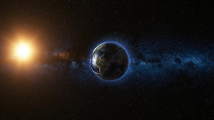 Wall Mural - realistic earth, rotating in space against the background of the starry sky and the sun. seamless lo
