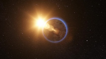 Wall Mural - space view on planet earth and sun star rotating on axis in black universe. seamless loop with day a