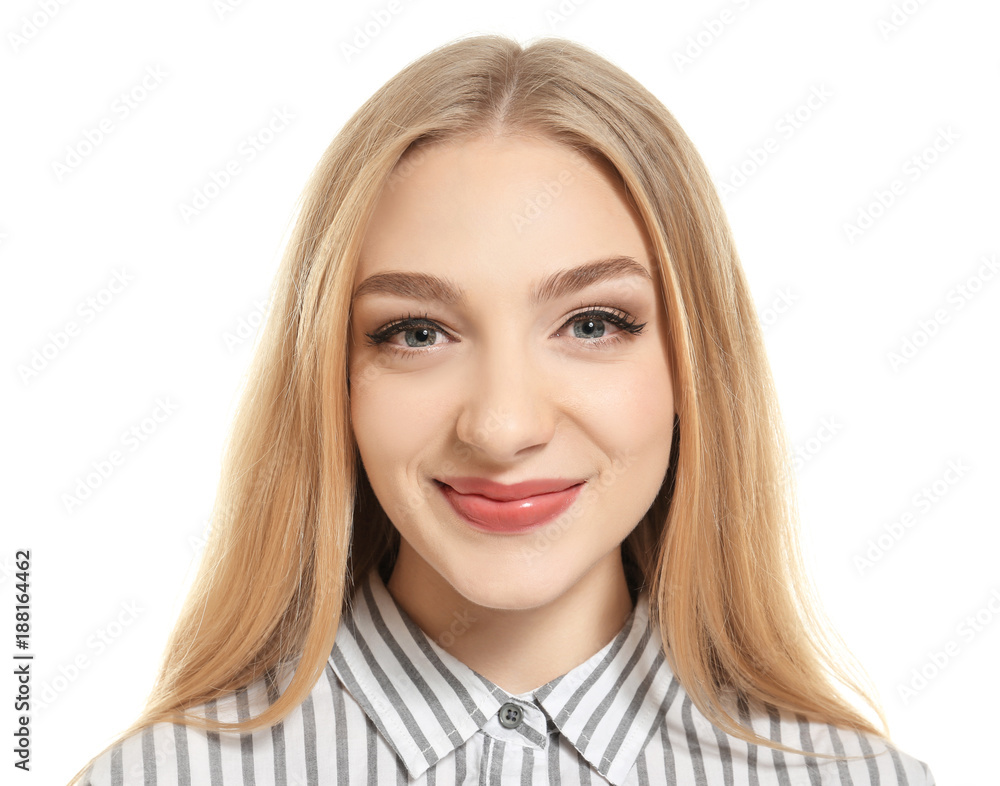 Young beautiful smiling woman on white background