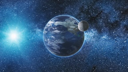 Wall Mural - sunrise view from space on planet earth and moon. blue sky milky way with thousand stars in the back
