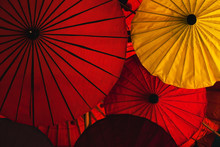 Red And Yellow Colorful Traditional Asian Umbrellas, Color Background