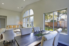 Dining Room Interior With Backyard View.