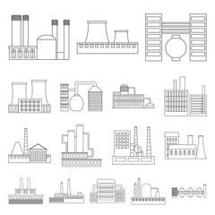 Wall Mural - Factory and facilities outline icons in set collection for design. Factory and equipment vector symbol stock web illustration.