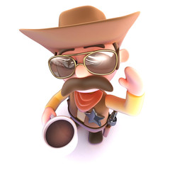 Wall Mural - 3d Funny cartoon cowboy drinking a cup of coffee