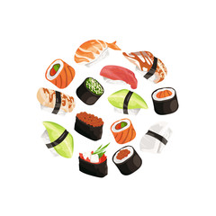 Sticker - Vector cartoon sushi types circle concept illustration