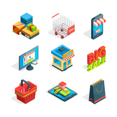 Wall Mural - isometric icon set of online shopping. symbols of ecommerce. buying in internet