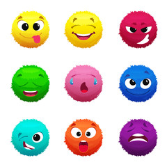 Wall Mural - Funny furry faces of monsters. Puffy balls of different colors
