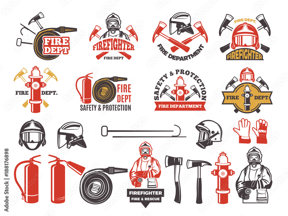 Fire Protection Program Emblem Colored badges for firefighter department. Symbols set of emergency ...