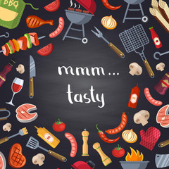 Wall Mural - vector barbecue or grill illustration with cooking elements on chalkboard