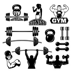 Wall Mural - Badges and labels for gym and fitness club. Sport symbols in monochrome style
