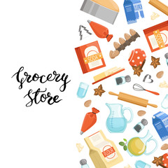 Poster - Vector cartoon cooking ingridients or groceries background illustration with lettering