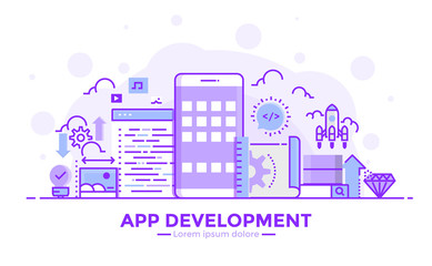 Wall Mural - flat line purple color modern concept illustration - app development