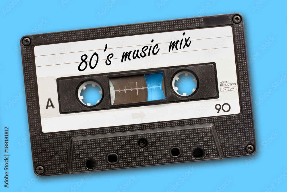 80's music mix written on vintage audio cassette tape, blue