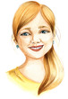 Hand drawing watercolour illustration: portrait of a young smiling girl with yellow hair shining eyes in yellow t-sirt