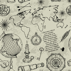 seamless pattern with globe, compass, world map and wind rose. vintage science objects set in steamp