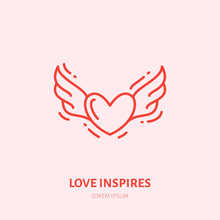 Flying Heart With Wings Illustration. Fall In Love Flat Line Icon, Romantic Relationship. Valentines Day Greeting Sign.