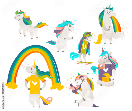 Set Of Funny Cute Unicorns Doing Magic Standing Running Eating Donuts Vomiting Set Of Funny Cute Unicorns Doing Magic Standing Running Eating Donuts Vomiting