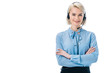 © LIGHTFIELD STUDIOS - attractive operator with crossed arms working in headset, isolated on white