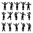 © Cherstva - Stick figure happiness, hands up, motion woman set. Vector illustration of celebration poses black and white pictogram