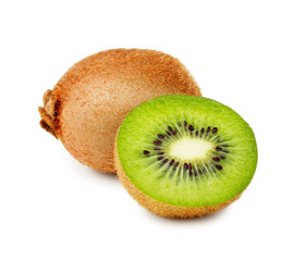 Ripe whole kiwi fruit and half kiwi fruit isolated on white background