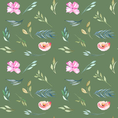 Wall Mural - Watercolor field carnations and green branches seamless pattern, hand drawn isolated on a dark green background