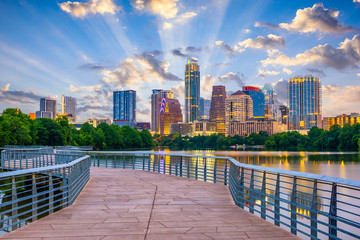 Fototapete - Austin, Texas, USA cityscape on the river and walkway.