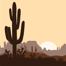 Morning Landscape With Saguaro Cacti, Prickly Pear, And Agaves In Mountains. Vector Illustration. Cute Brown Palette