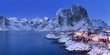 Norwegian fisherman's cabins on the Lofoten at dawn in winter