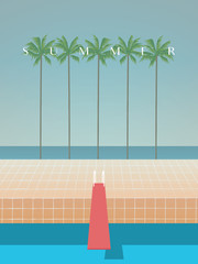 Summer retro artistic minimalistic vector poster template with palms, sea, beach, swimming pool and jump.