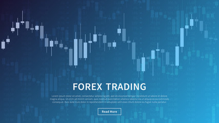 Candlestick chart in financial market vector illustration on blue background. Forex trading graphic design concept.