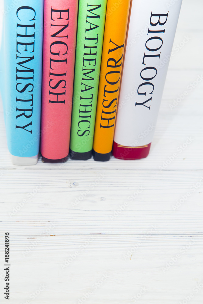 Education concept: Chemistry, English, Mathematics, History, Biology ...