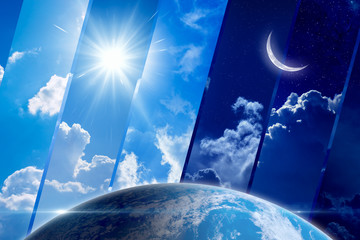 Wall Mural - global weather forecast background, day and night, sun and moon