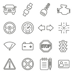 Driving School or Drivers Test Icons Thin Line Vector Illustration Set