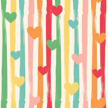 Seamless Vector Pattern With Abstract Stripes And Hearts In A Retro Colors.