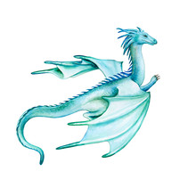 Green Dragon With Wings Isolated On White Background. Watercolor. Illustration. Template. Sketch. Handmade Clip Art.