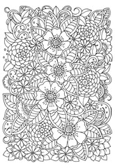 Wall Mural - Black and white flower pattern for adult coloring book. Doodle floral drawing. Art therapy coloring page.