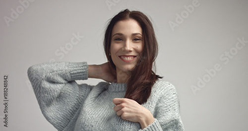 Spanish Woman Sreaching And Touching Her Straight Dark Hair Ideal