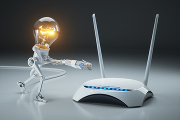 Cartoon light bulb robot attaches LAN cable to Wi-Fi router. Internet connection concept