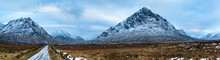 Landscape View Of Scotland And The Entrance To Glen Etive Near Buchaille Etive Mor In Winter In Panoramic Landscape Format