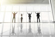 © F8  \ Suport Ukraine - Successful group of business people in office in front of sunshine lit window with arms wide open celebrate victory. Welcoming new successful deals