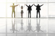 © F8  \ Suport Ukraine - Business people raised hands together in office team satisfied with result, won profitable contract, group of winners celebrate victory or great success against windows. Back view