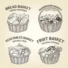 Set Of Baskets With Diferent Kinds Of Food. Vector Sketch, Meal Colllection Of Bread, Fruits, Vegetables And Mushrooms. Tray Logos Are Good For A Logo Design Or Recipe Book Design.