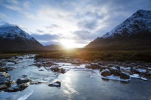 Landscape View Of Scotland And Buchaille Etive Mor At The Entrance To Glen Etive In Winter At Sunset